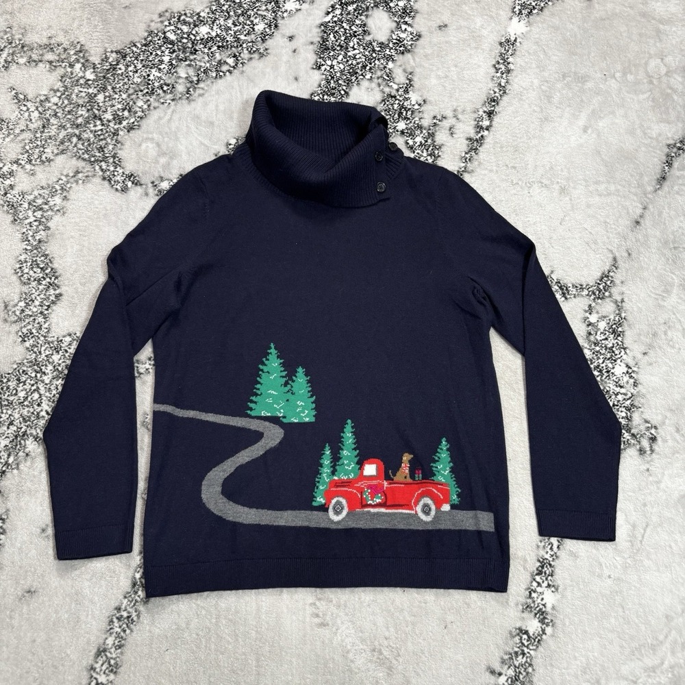 Talbots Petites Christmas Novelty Sweater Size LP Navy Red Truck Trees Cowl Neck